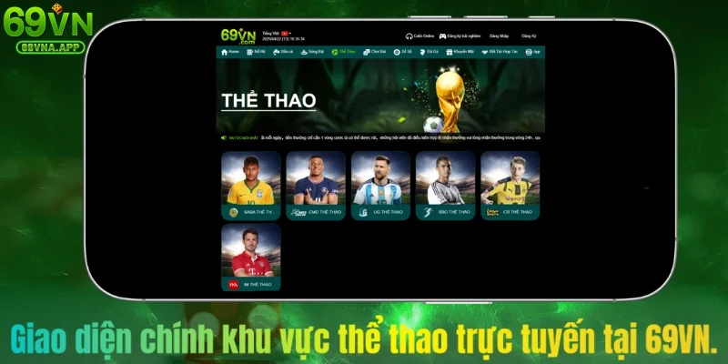 Giao diện chính khu vực thể thao trực tuyến tại 69VN.