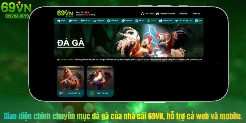 Giao diện chính chuyên mục đá gà của nhà cái 69VN, hỗ trợ cả web và mobile.